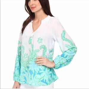 Lilly Pulitzer Elsa Palm Party 100% Silk White Green Blue Blouse Top Small